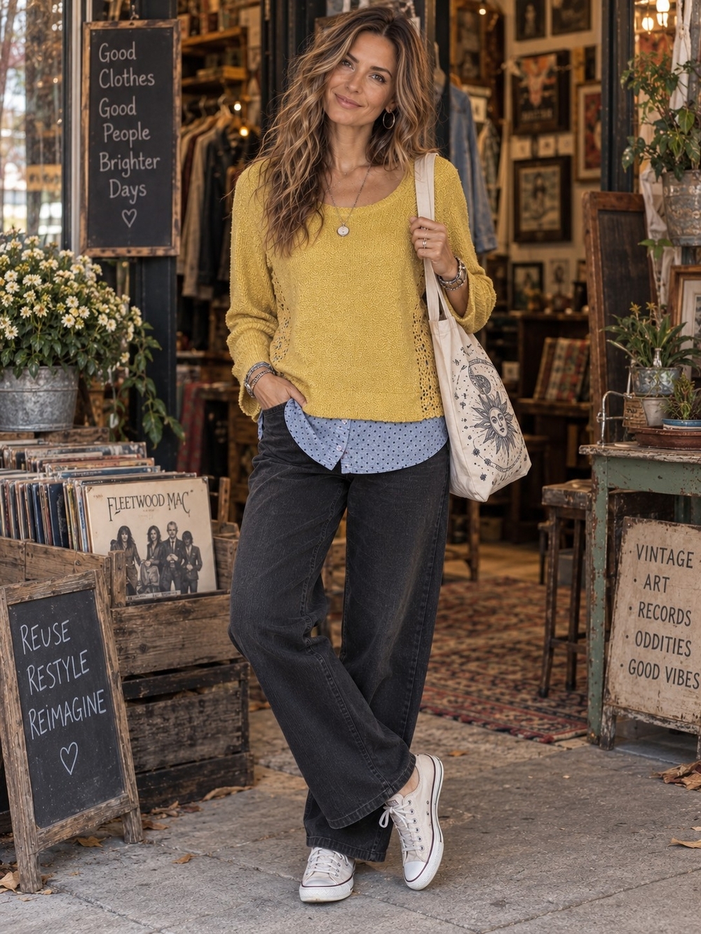 Comme Toi M Mustard Layered Sweater Polka Dot Shirttail Crochet Boho
